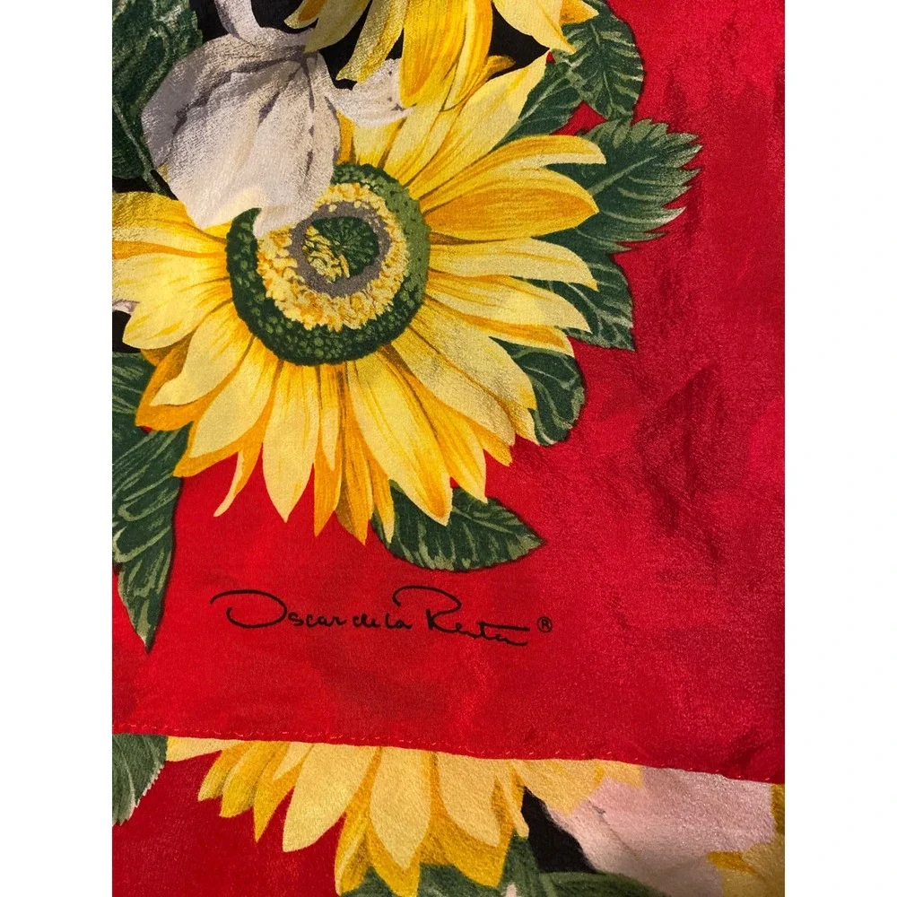 Oscar de la Renta Silk Scarf RedBlack Yellow Sunflower Floral Made in Japan 0196